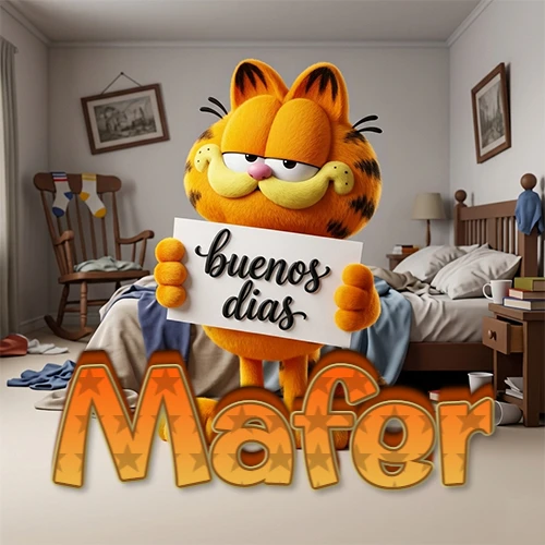 Garfield en dormitorio con pizarra blanca que dice 'Buenos Días', nombre en base 3D degradada naranja abajo. Nombre personalizado: Mafer. Garfield en dormitorio con pizarra blanca que dice 'Buenos Días', nombre en base 3D degradada naranja abajo. Nombre personalizado: Mafer.