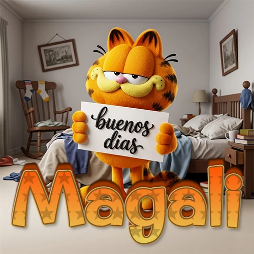 Garfield en dormitorio con pizarra blanca que dice 'Buenos Días', nombre en base 3D degradada naranja abajo. Nombre personalizado: Magali.