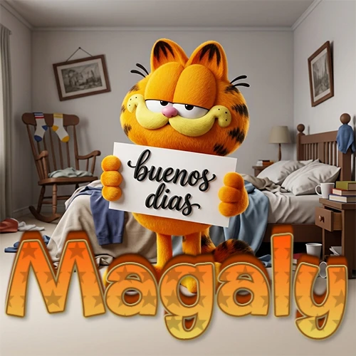 Garfield en dormitorio con pizarra blanca que dice 'Buenos Días', nombre en base 3D degradada naranja abajo. Nombre personalizado: Magaly.