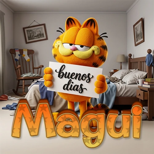 Garfield en dormitorio con pizarra blanca que dice 'Buenos Días', nombre en base 3D degradada naranja abajo. Nombre personalizado: Magui.