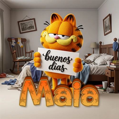 Garfield en dormitorio con pizarra blanca que dice 'Buenos Días', nombre en base 3D degradada naranja abajo. Nombre personalizado: Maia.