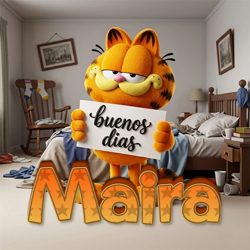 Garfield en dormitorio con pizarra blanca que dice 'Buenos Días', nombre en base 3D degradada naranja abajo. Nombre personalizado: Maira.