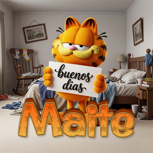 Garfield en dormitorio con pizarra blanca que dice 'Buenos Días', nombre en base 3D degradada naranja abajo. Nombre personalizado: Maite.