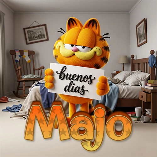 Garfield en dormitorio con pizarra blanca que dice 'Buenos Días', nombre en base 3D degradada naranja abajo. Nombre personalizado: Majo.