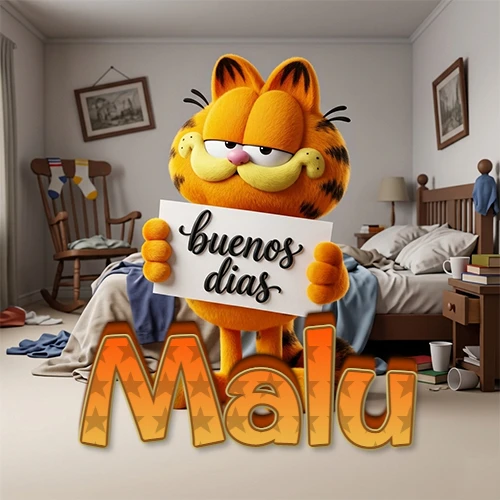 Garfield en dormitorio con pizarra blanca que dice 'Buenos Días', nombre en base 3D degradada naranja abajo. Nombre personalizado: Malu.