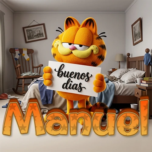 Garfield en dormitorio con pizarra blanca que dice 'Buenos Días', nombre en base 3D degradada naranja abajo. Nombre personalizado: Manuel.