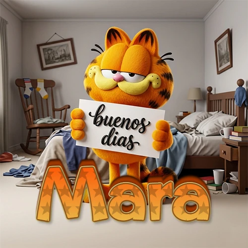 Garfield en dormitorio con pizarra blanca que dice 'Buenos Días', nombre en base 3D degradada naranja abajo. Nombre personalizado: Mara.