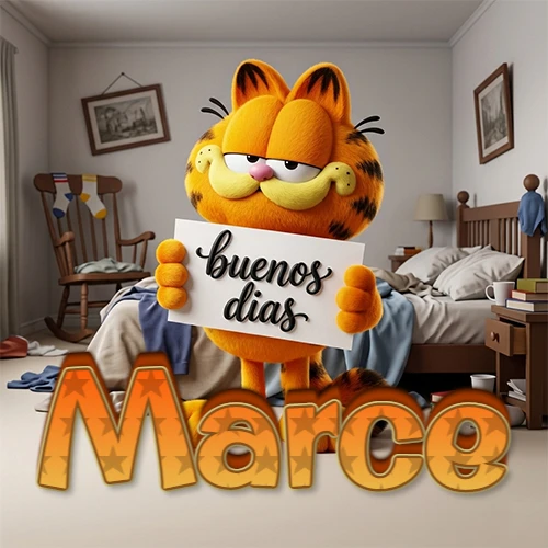Garfield en dormitorio con pizarra blanca que dice 'Buenos Días', nombre en base 3D degradada naranja abajo. Nombre personalizado: Marce.