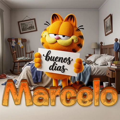 Garfield en dormitorio con pizarra blanca que dice 'Buenos Días', nombre en base 3D degradada naranja abajo. Nombre personalizado: Marcelo.