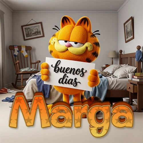 Garfield en dormitorio con pizarra blanca que dice 'Buenos Días', nombre en base 3D degradada naranja abajo. Nombre personalizado: Marga.