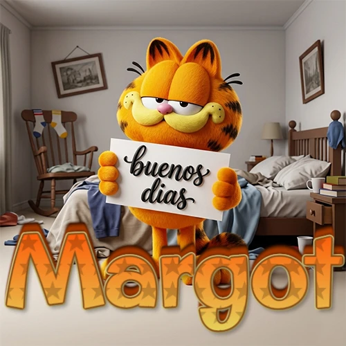 Garfield en dormitorio con pizarra blanca que dice 'Buenos Días', nombre en base 3D degradada naranja abajo. Nombre personalizado: Margot.