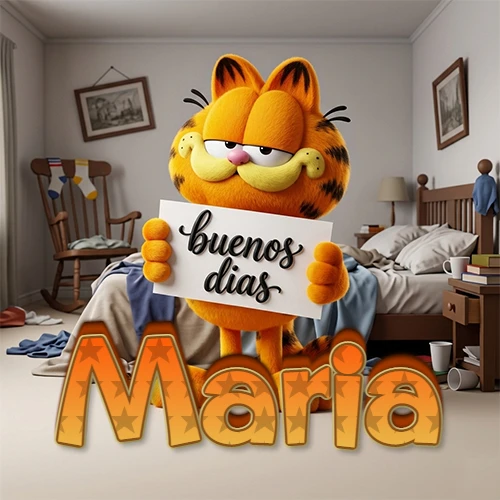 Garfield en dormitorio con pizarra blanca que dice 'Buenos Días', nombre en base 3D degradada naranja abajo. Nombre personalizado: Maria. Garfield en dormitorio con pizarra blanca que dice 'Buenos Días', nombre en base 3D degradada naranja abajo. Nombre personalizado: Maria.