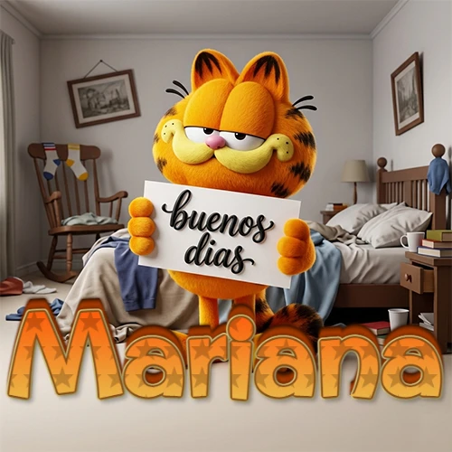 Garfield en dormitorio con pizarra blanca que dice 'Buenos Días', nombre en base 3D degradada naranja abajo. Nombre personalizado: Mariana.