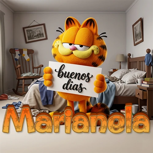 Garfield en dormitorio con pizarra blanca que dice 'Buenos Días', nombre en base 3D degradada naranja abajo. Nombre personalizado: Marianela.