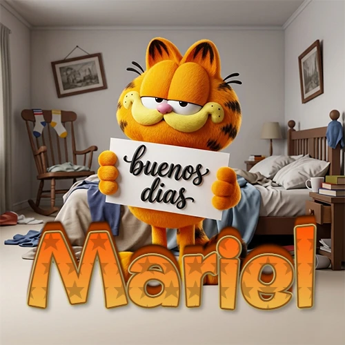 Garfield en dormitorio con pizarra blanca que dice 'Buenos Días', nombre en base 3D degradada naranja abajo. Nombre personalizado: Mariel.
