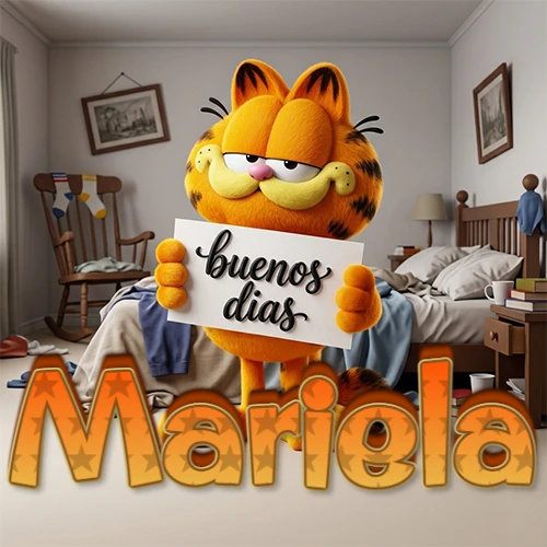 Garfield en dormitorio con pizarra blanca que dice 'Buenos Días', nombre en base 3D degradada naranja abajo. Nombre personalizado: Mariela.