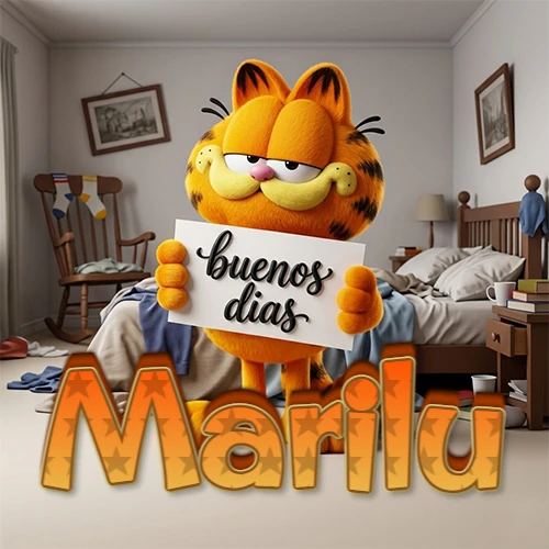 Garfield en dormitorio con pizarra blanca que dice 'Buenos Días', nombre en base 3D degradada naranja abajo. Nombre personalizado: Marilu.