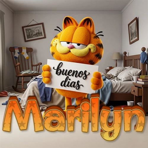 Garfield en dormitorio con pizarra blanca que dice 'Buenos Días', nombre en base 3D degradada naranja abajo. Nombre personalizado: Marilyn.