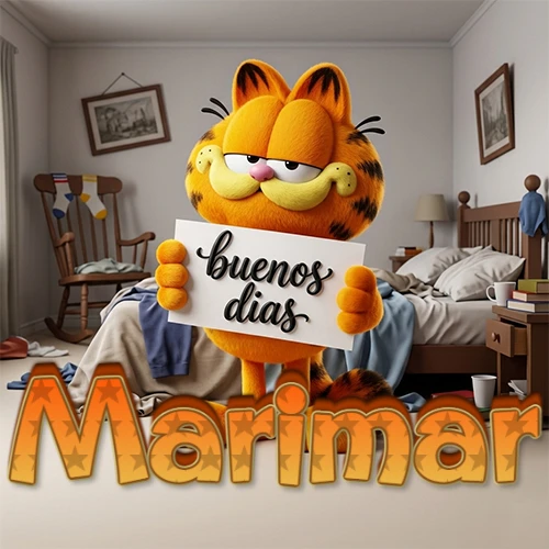 Garfield en dormitorio con pizarra blanca que dice 'Buenos Días', nombre en base 3D degradada naranja abajo. Nombre personalizado: Marimar.