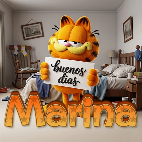 Garfield en dormitorio con pizarra blanca que dice 'Buenos Días', nombre en base 3D degradada naranja abajo. Nombre personalizado: Marina.