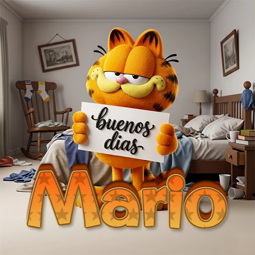 Garfield en dormitorio con pizarra blanca que dice 'Buenos Días', nombre en base 3D degradada naranja abajo. Nombre personalizado: Mario.