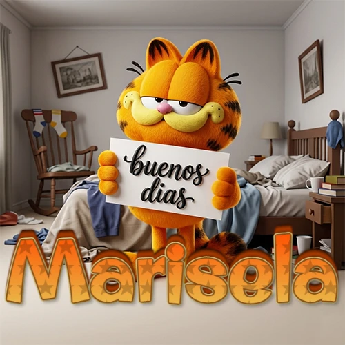 Garfield en dormitorio con pizarra blanca que dice 'Buenos Días', nombre en base 3D degradada naranja abajo. Nombre personalizado: Marisela.
