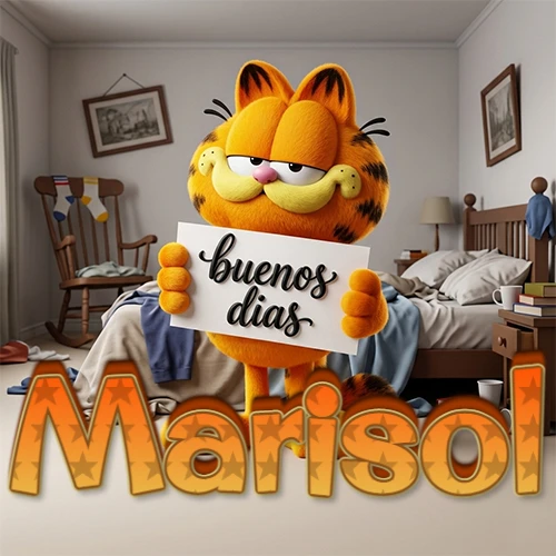 Garfield en dormitorio con pizarra blanca que dice 'Buenos Días', nombre en base 3D degradada naranja abajo. Nombre personalizado: Marisol.
