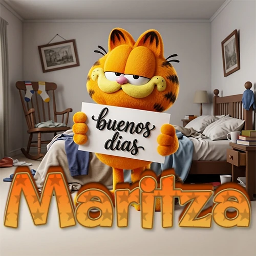 Garfield en dormitorio con pizarra blanca que dice 'Buenos Días', nombre en base 3D degradada naranja abajo. Nombre personalizado: Maritza.