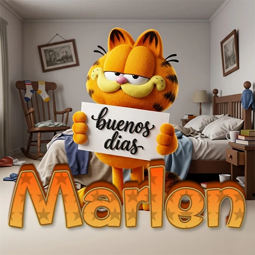 Garfield en dormitorio con pizarra blanca que dice 'Buenos Días', nombre en base 3D degradada naranja abajo. Nombre personalizado: Marlen. Garfield en dormitorio con pizarra blanca que dice 'Buenos Días', nombre en base 3D degradada naranja abajo. Nombre personalizado: Marlen.