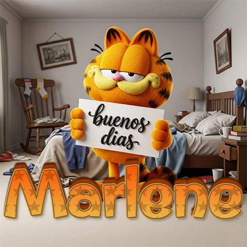 Garfield en dormitorio con pizarra blanca que dice 'Buenos Días', nombre en base 3D degradada naranja abajo. Nombre personalizado: Marlene.