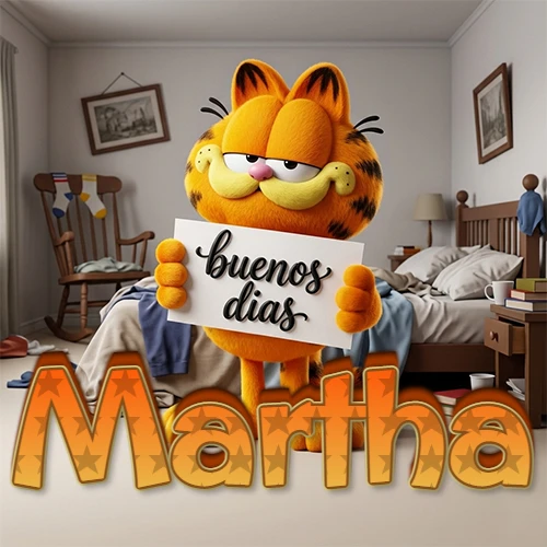 Garfield en dormitorio con pizarra blanca que dice 'Buenos Días', nombre en base 3D degradada naranja abajo. Nombre personalizado: Martha.