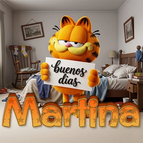Garfield en dormitorio con pizarra blanca que dice 'Buenos Días', nombre en base 3D degradada naranja abajo. Nombre personalizado: Martina.