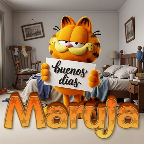 Garfield en dormitorio con pizarra blanca que dice 'Buenos Días', nombre en base 3D degradada naranja abajo. Nombre personalizado: Maruja.