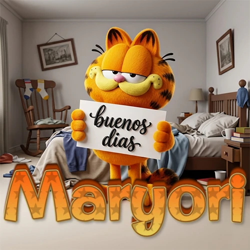 Garfield en dormitorio con pizarra blanca que dice 'Buenos Días', nombre en base 3D degradada naranja abajo. Nombre personalizado: Maryori.