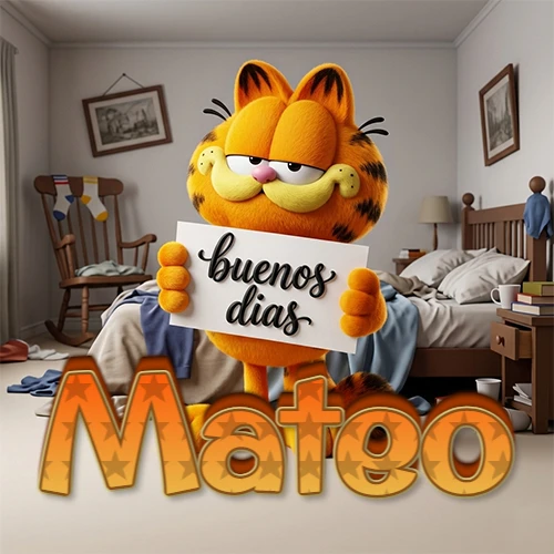 Garfield en dormitorio con pizarra blanca que dice 'Buenos Días', nombre en base 3D degradada naranja abajo. Nombre personalizado: Mateo.
