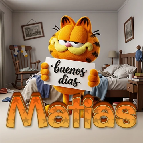 Garfield en dormitorio con pizarra blanca que dice 'Buenos Días', nombre en base 3D degradada naranja abajo. Nombre personalizado: Matias.