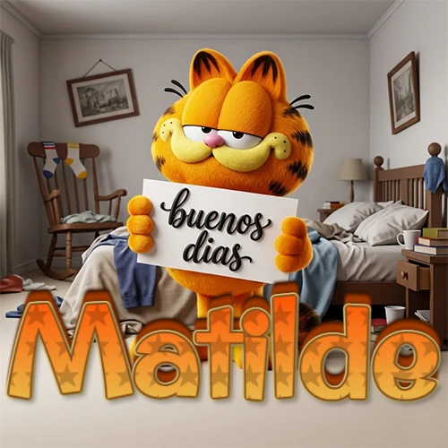 Garfield en dormitorio con pizarra blanca que dice 'Buenos Días', nombre en base 3D degradada naranja abajo. Nombre personalizado: Matilde.