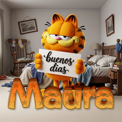 Garfield en dormitorio con pizarra blanca que dice 'Buenos Días', nombre en base 3D degradada naranja abajo. Nombre personalizado: Maura.