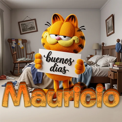 Garfield en dormitorio con pizarra blanca que dice 'Buenos Días', nombre en base 3D degradada naranja abajo. Nombre personalizado: Mauricio. Garfield en dormitorio con pizarra blanca que dice 'Buenos Días', nombre en base 3D degradada naranja abajo. Nombre personalizado: Mauricio.