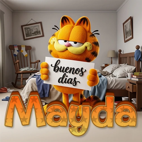 Garfield en dormitorio con pizarra blanca que dice 'Buenos Días', nombre en base 3D degradada naranja abajo. Nombre personalizado: Mayda.