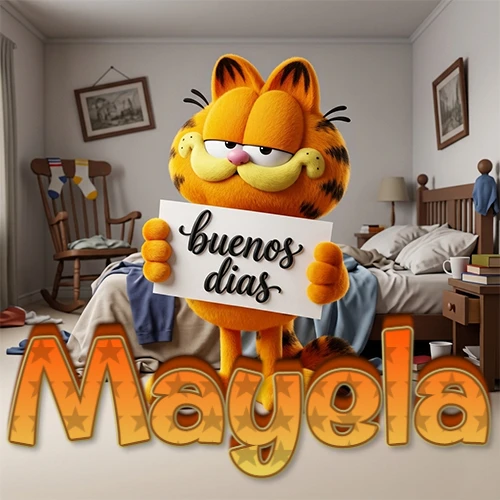 Garfield en dormitorio con pizarra blanca que dice 'Buenos Días', nombre en base 3D degradada naranja abajo. Nombre personalizado: Mayela.