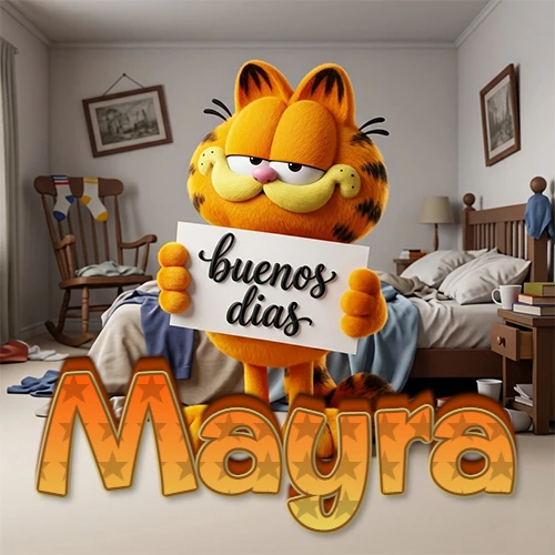 Garfield en dormitorio con pizarra blanca que dice 'Buenos Días', nombre en base 3D degradada naranja abajo. Nombre personalizado: Mayra.