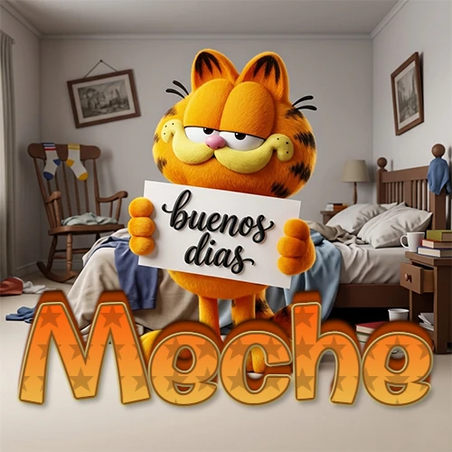 Garfield en dormitorio con pizarra blanca que dice 'Buenos Días', nombre en base 3D degradada naranja abajo. Nombre personalizado: Meche.