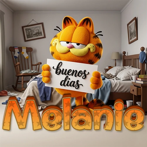 Garfield en dormitorio con pizarra blanca que dice 'Buenos Días', nombre en base 3D degradada naranja abajo. Nombre personalizado: Melanie. Garfield en dormitorio con pizarra blanca que dice 'Buenos Días', nombre en base 3D degradada naranja abajo. Nombre personalizado: Melanie.