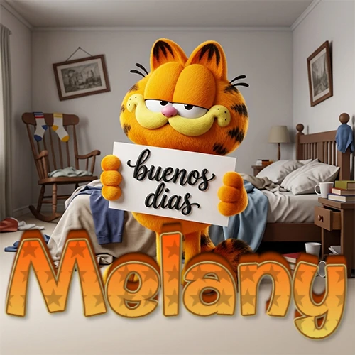 Garfield en dormitorio con pizarra blanca que dice 'Buenos Días', nombre en base 3D degradada naranja abajo. Nombre personalizado: Melany. Garfield en dormitorio con pizarra blanca que dice 'Buenos Días', nombre en base 3D degradada naranja abajo. Nombre personalizado: Melany.