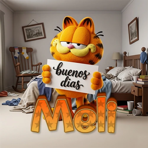 Garfield en dormitorio con pizarra blanca que dice 'Buenos Días', nombre en base 3D degradada naranja abajo. Nombre personalizado: Meli.