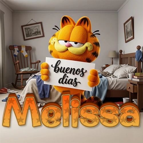 Garfield en dormitorio con pizarra blanca que dice 'Buenos Días', nombre en base 3D degradada naranja abajo. Nombre personalizado: Melissa. Garfield en dormitorio con pizarra blanca que dice 'Buenos Días', nombre en base 3D degradada naranja abajo. Nombre personalizado: Melissa.