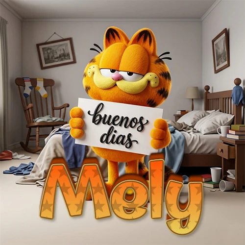 Garfield en dormitorio con pizarra blanca que dice 'Buenos Días', nombre en base 3D degradada naranja abajo. Nombre personalizado: Mely.
