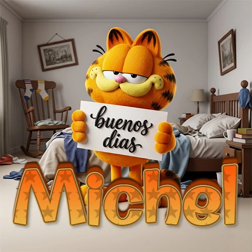 Garfield en dormitorio con pizarra blanca que dice 'Buenos Días', nombre en base 3D degradada naranja abajo. Nombre personalizado: Michel.