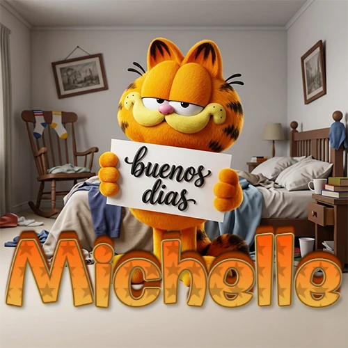 Garfield en dormitorio con pizarra blanca que dice 'Buenos Días', nombre en base 3D degradada naranja abajo. Nombre personalizado: Michelle.